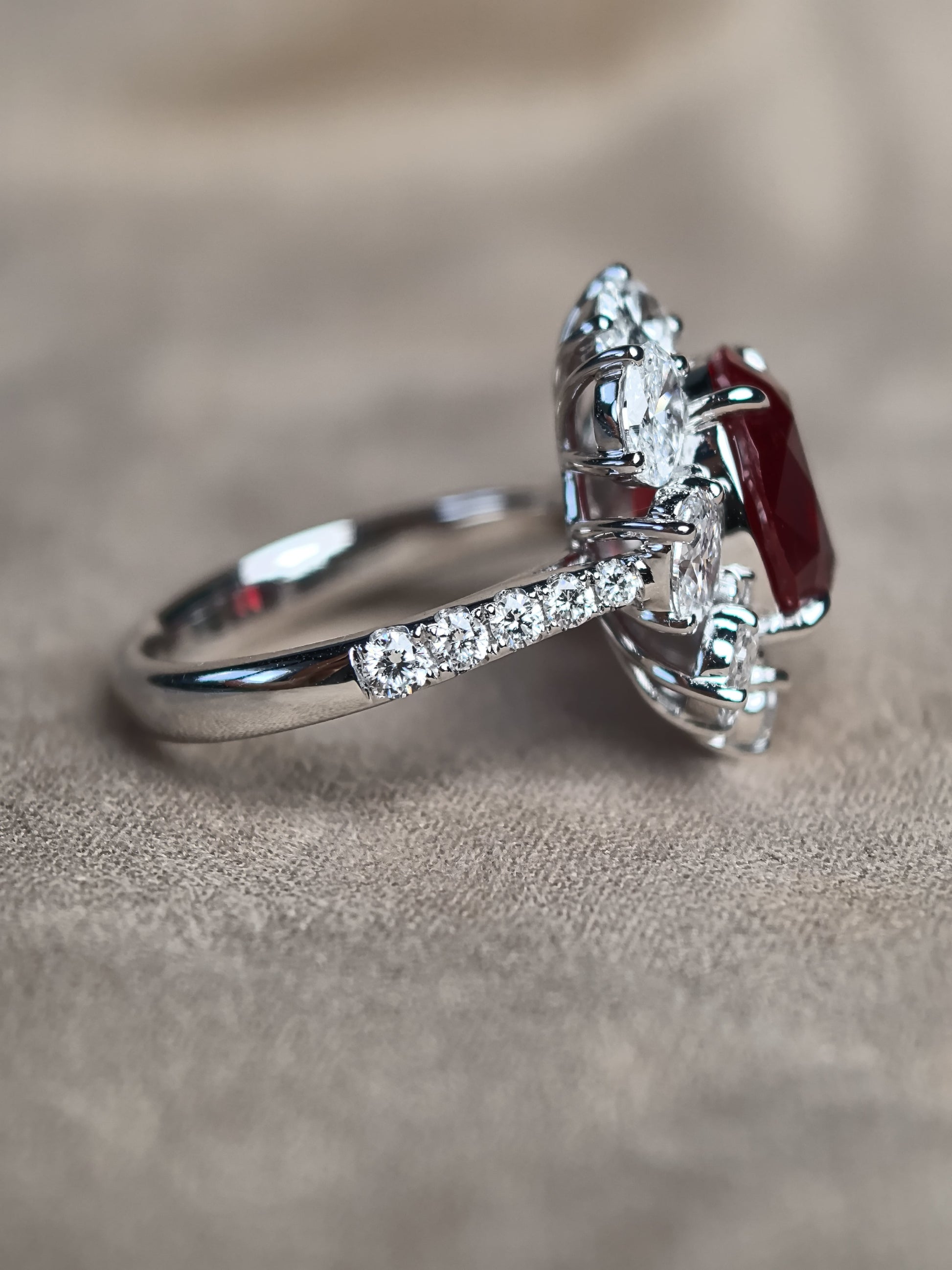 Juno Diamond 6-Carat Pigeon Blood Ruby Halo Ring