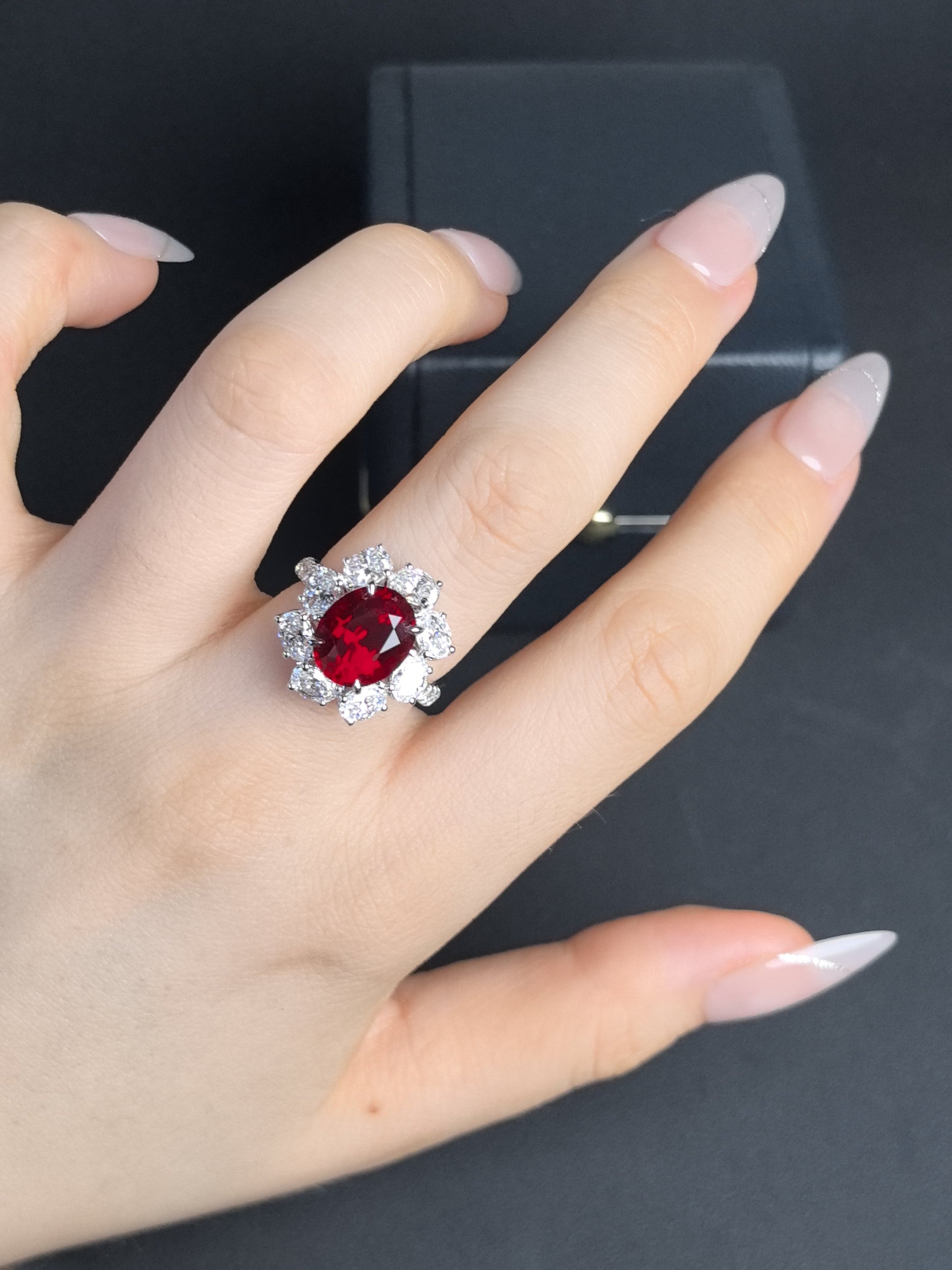 Juno Diamond 6-Carat Pigeon Blood Ruby Halo Ring