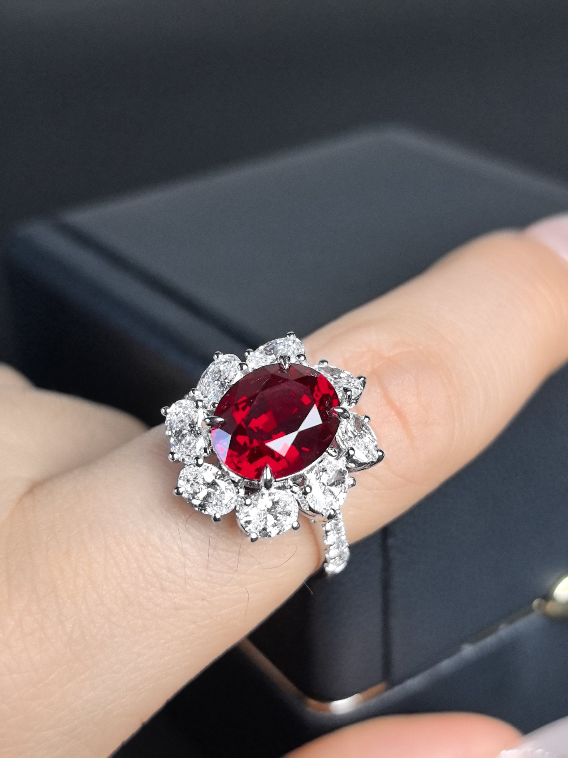 Juno Diamond 6-Carat Pigeon Blood Ruby Halo Ring