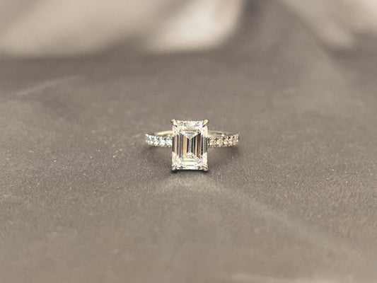 E170 | 2 Carat Emerald Diamond | Hidden Halo | Diamond Accents | Round Shank | 14k White Gold Ring