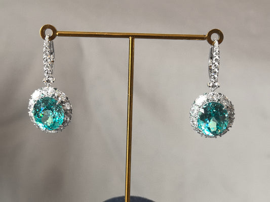 GE-002 | Round-Cut Lab-Grown Paraiba Tourmaline Drop Earrings | Prong-Set | Regal Formal Occasion Drop Earrings