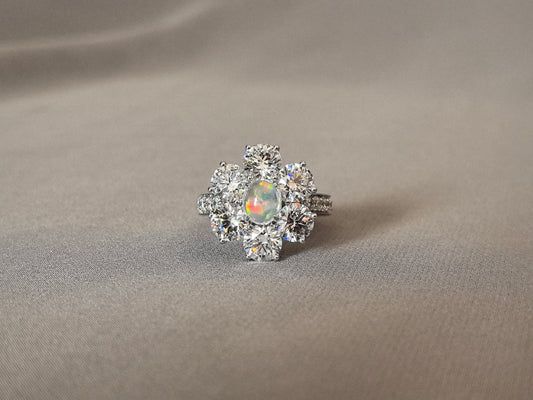OV-052| Oval Natural Opal Gemstone | Diamond Accents | Round Shank