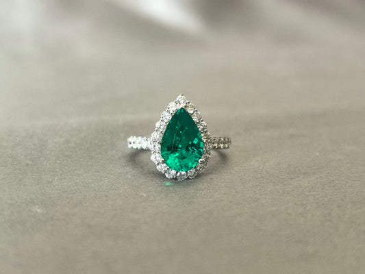2-Carat Emerald Pearl Halo Ring | Round Diamond Halo with Half-Set Band | Lab-Grown Gemstone