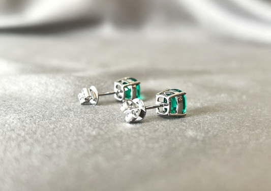 GE-001|Cushion Cut Lab-Grown Stud Earrings|Green Gemstone Studs| 4-Prong Basket Setting|