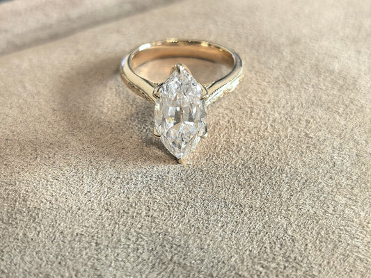 Juno Diamond Old mine cut marquise Lab Diamond Ring | Floral Prong & Engraved Band | Pear Side Stones | 14K Gold