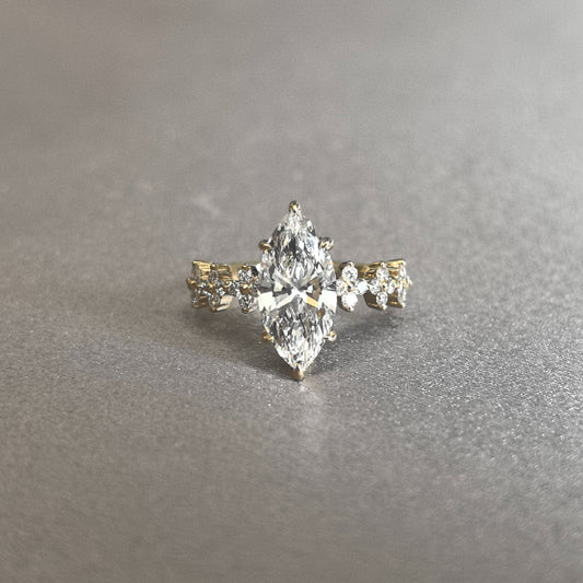 Marquise Cut Lab Diamond Ring | Clover-Shank Band | Half Eternity Accent | Unique Design