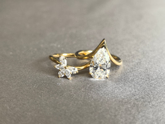 Pear Cut Diamond Ring with Floral Nest Band | Matching Set