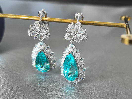 5.6ct 11.5g Pear Shape Paraíba Lab Gemstone Earrings | Diamond Halo | Dangle Design | 14K White Gold