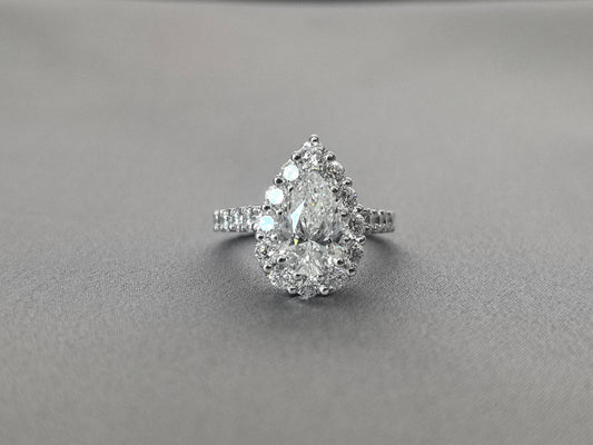 Pear Cut Lab Grown Diamond Ring | Full Halo & 2/3 Pavé Band