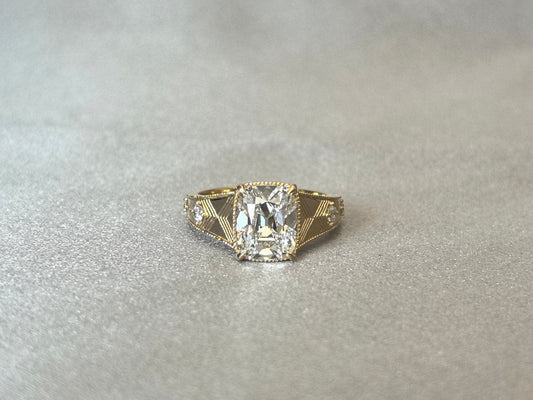 Cushion Lab Grown Diamond Ring | Ornate Thick Band | 14K Gold | Four Accent Diamonds