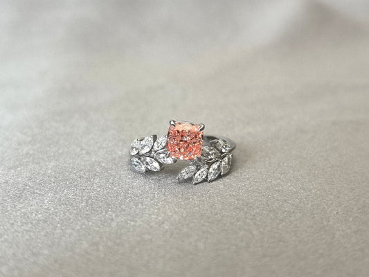 1.4ct 4g Cushion Pink Lab Diamond Leaf Ring | White Diamond Leaf Accents