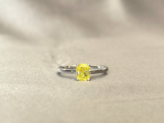 0.9ct 2.3g Cushion Cut Vivid Yellow Lab Diamond Solitaire Ring | Plain Band