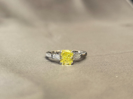 1.24ct 3.5g Cushion Vivid Yellow Lab Diamond Three-Stone Ring | Baguette Side Stones
