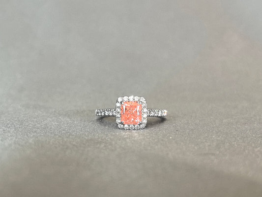 1ct 3.7g Cushion Cut Pink Lab Diamond Ring | Diamond Halo | Half Pavé Band