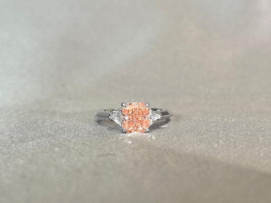 1.8ct 3.9g Cushion Pink Lab Diamond Three-Stone Ring | Triangle Side Stones | Plain Band