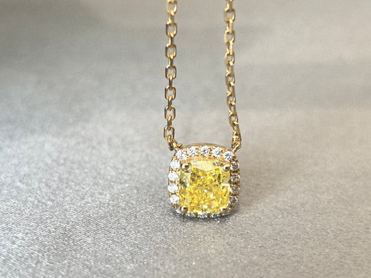 1.3ct 3.9g Cushion Cut Yellow Lab Diamond Halo Pendant | 18K Gold Necklace | Ethical Luxury