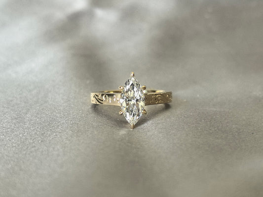 Marquise Lab Grown Diamond Ring | Flat Band with Vintage Engraving | 14K Gold | Timeless Elegance