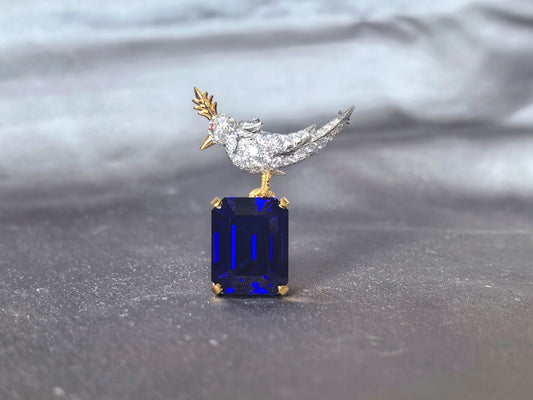 25.9ct 15g Brilliant Cut Blue Sapphire Bird Brooch| Lab-Grown | 18K Gold | Artisan Craftsmanship