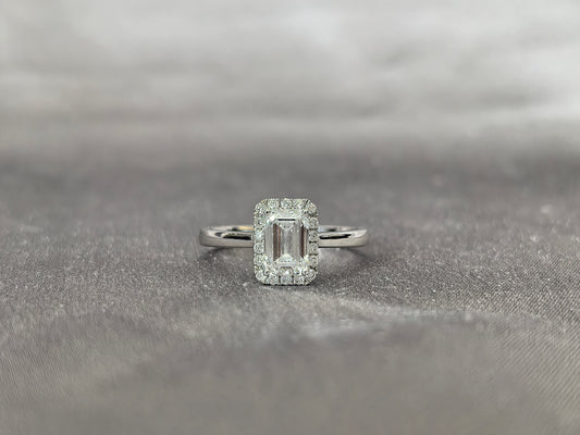 Emerald Cut Lab Grown Diamond Solitaire Ring with Halo| Simple Plain Band