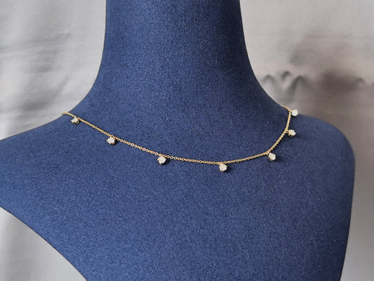 14K Solid Gold Necklace with 7 Diamond Pendant - Linear Design