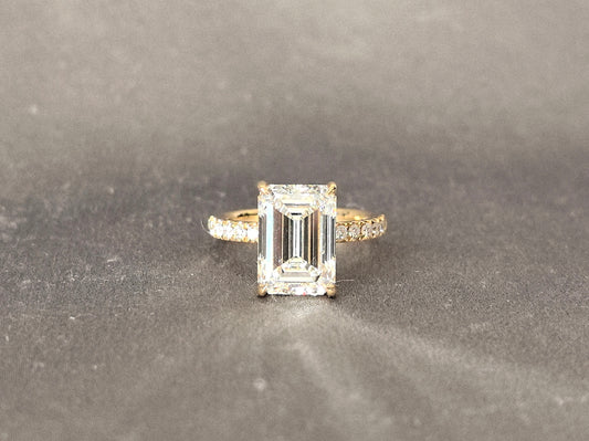 Emerald Cut Lab Grown Diamond Ring | Half Eternity Band & Hidden Halo