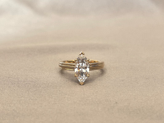 Product Title Marquise Cut Lab Diamond Ring | Floral Prong & Linear Band Design | 14K Gold