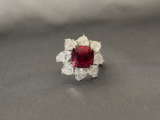 4.7ct 9.3g Cushion Ruby & Pear Diamond Heart Ring | Double Row Half Eternity | 18K Gold | Romantic & Ethical