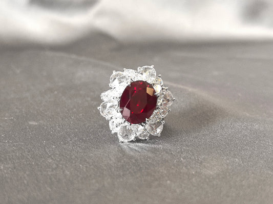 7.8ct 13.6g Oval Ruby & Graduated Pear Diamond Ring | Cascading Brilliance
