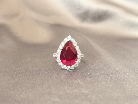 9.6ct 7.7g Pear Cut Ruby Halo Ring | Half Eternity Band | Lab-Grown Gemstones