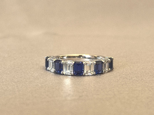 Emerald-Cut Royal Blue & White Lab Diamond Eternity Band Ring in Platinum