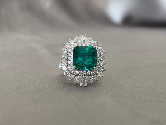 5.68ct 8.2g Ascher Cut Green Lab-Grown Gemstone Ring with Full Diamond Halo