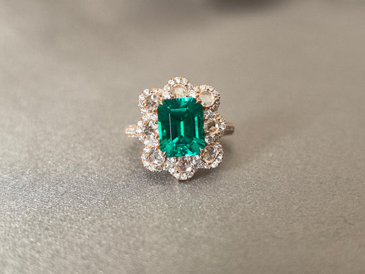 3.02ct 7.9g Emerald Cut Green Lab-Grown Gemstone Ring in 18K Rose Gold