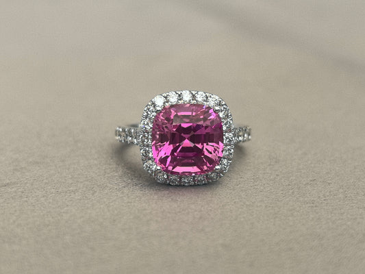 5ct Pink Sapphire Cushion Cut Ring with Vintage Halo, 18K Gold