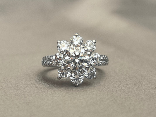 1.08 Carat Round Lab-Grown Diamond Platinum Ring | Sunflower Shape | 1/3 Eternity Pave Setting