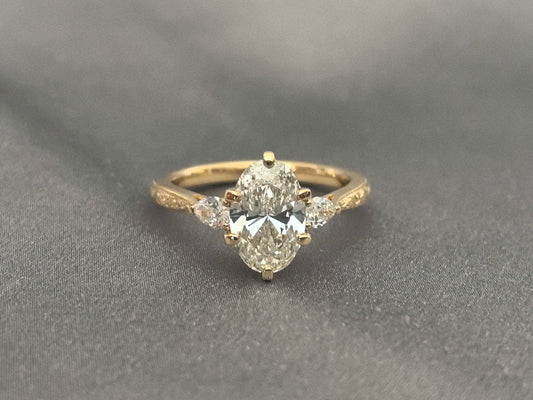 Oval Lab Diamond Ring | Floral Prong & Engraved Band | Pear Side Stones | 14K Gold (Copy)