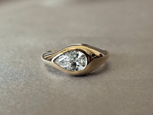 14K Gold Polished Ring | Horizontal pear Diamond | Modern Solitaire Ring | Asymmetrical Design pinky Ring