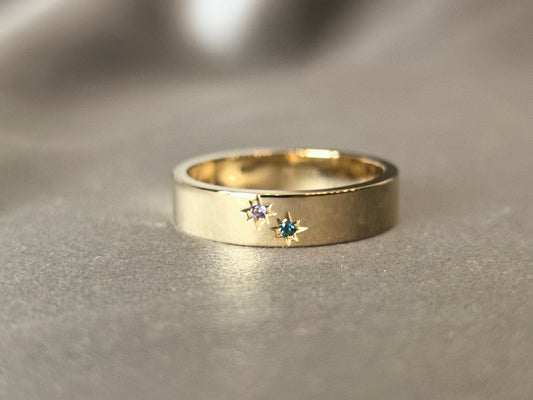 Men's wide band ring | Featuring two stars with different celestial stones | Lab-grown diamond ring | 18k gold