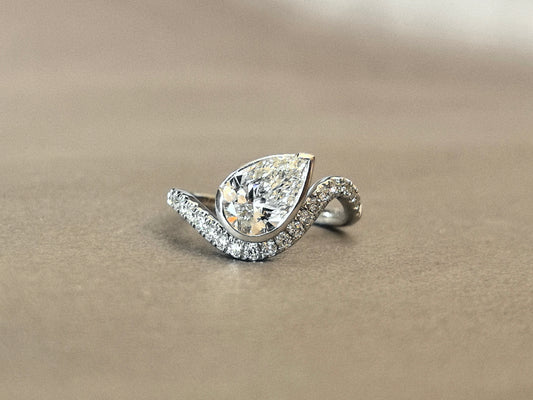 14K Gold Polished Ring | Horizontal pear Diamond | Modern Solitaire Ring | Asymmetrical Design pinky Ring (Copy)