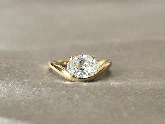 East-West Oval Cut Lab Diamond Pinky Ring | Twisted Band | 14K Gold | Modern Asymmetry