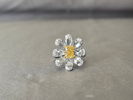 Vivid Yellow Radiant Diamond Sunburst Ring | 1 Carats | Eight Pear-Shaped Accents | 14K White Gold | Floral Halo Design