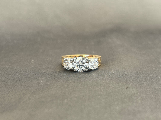BW-008 | Three-Stone Ring | Round Center Diamond | Round Side Diamonds | Round Shank with Fine Engraving
