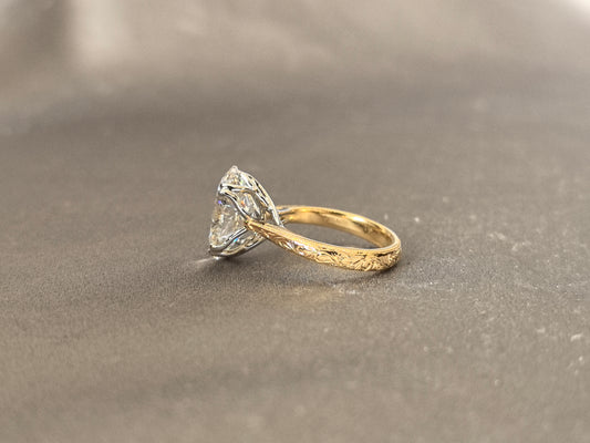 O130 | Oval Diamond | Four Prong Setting | Round Shank with Fine Engraving | 14k Yellow Gold Ring