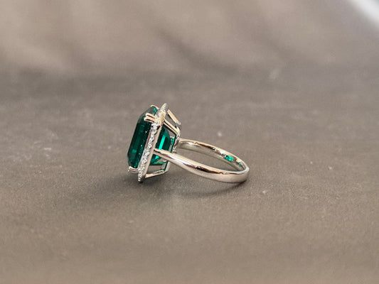 GR-005 | Emerald-Cut Lab-Grown Emerald Ring | Diamond Halo Emerald Ring| White Gold Statement Cocktail Ring | Vintage-Inspired Engagement Ring