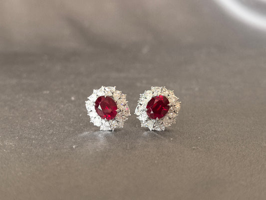 GE-003 | Oval Pigeon Blood Ruby Earrings | Pear & Marquise Diamond Accents | Four Prong Setting | Unique Design