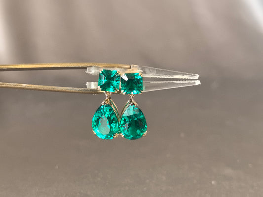 GE-002| Asscher Cut Gemstone & Pear Shape Emerald Earrings | Unique Design | Prong-Set Emerald Drop Earrings