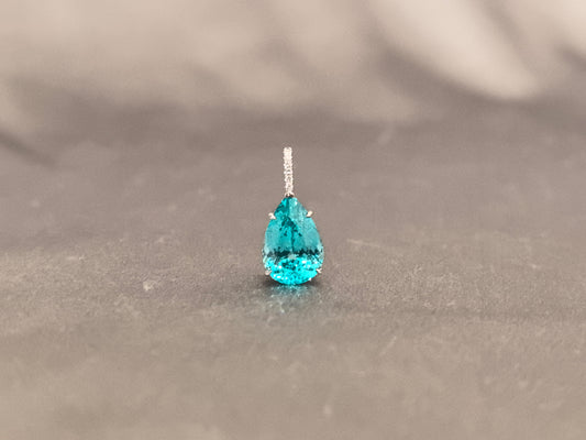 O-009 | Pear-Cut Lab-Grown Paraiba Tourmaline Pendant Charm | Prong-Set |Micro-Pavé Diamond Bail Setting | Exceptional Clarity & Fiery Luster