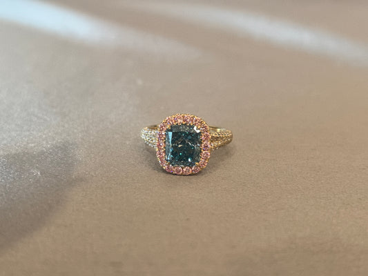 GR-014|Fancy blue radiant-cut lab diamond engagement ring|Prong-set colored diamond halo|Pink diamond halo split-shank pave-set |