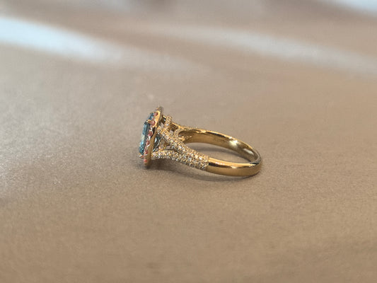 GR-014|Fancy blue radiant-cut lab diamond engagement ring|Prong-set colored diamond halo|Pink diamond halo split-shank pave-set |