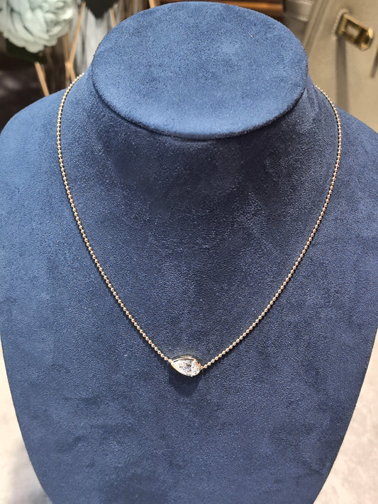 N-006 | Bezel-Set Pear Diamond Pendant | Polished High-Shine Ball Chain | Durable Lobster Clasp Closure