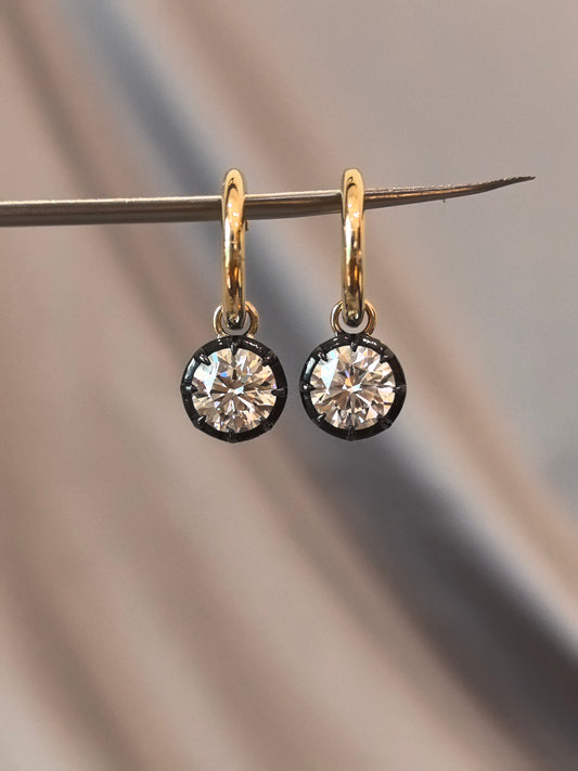 E-015 | Removable Gold Ball & Black-Rimmed Diamond Earrings | Hinged Huggie Hoop Closure |Smooth, Mirror-Like Polished Gold Ball Charm